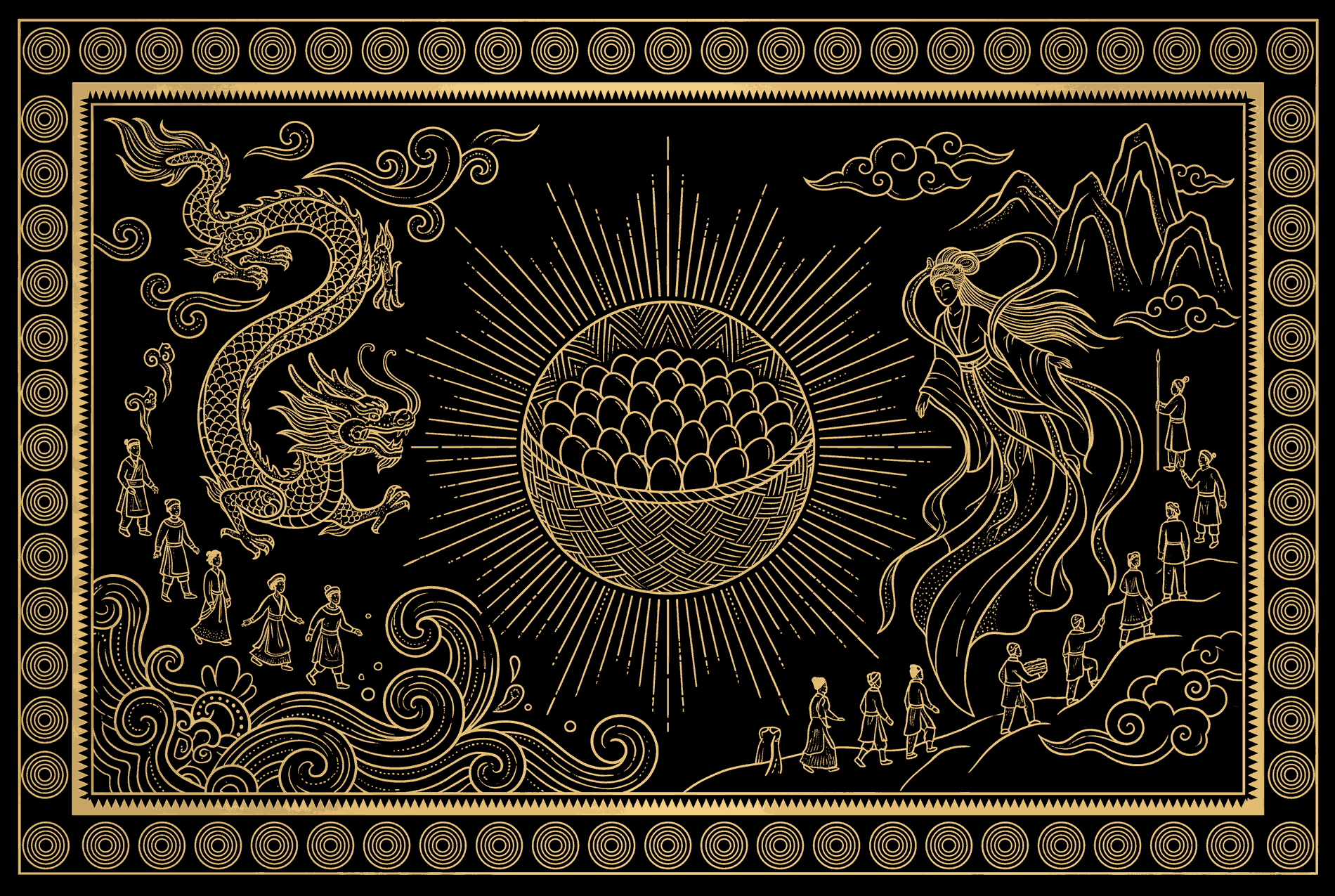 Gold line drawing in Đông Sơn style: on the left a dragon coils above sea waves as fifty sons walk down to the water; on the right Âu Cơ rises towards mountain peaks as fifty sons climb; between them the sac of one hundred eggs radiates like a sun.