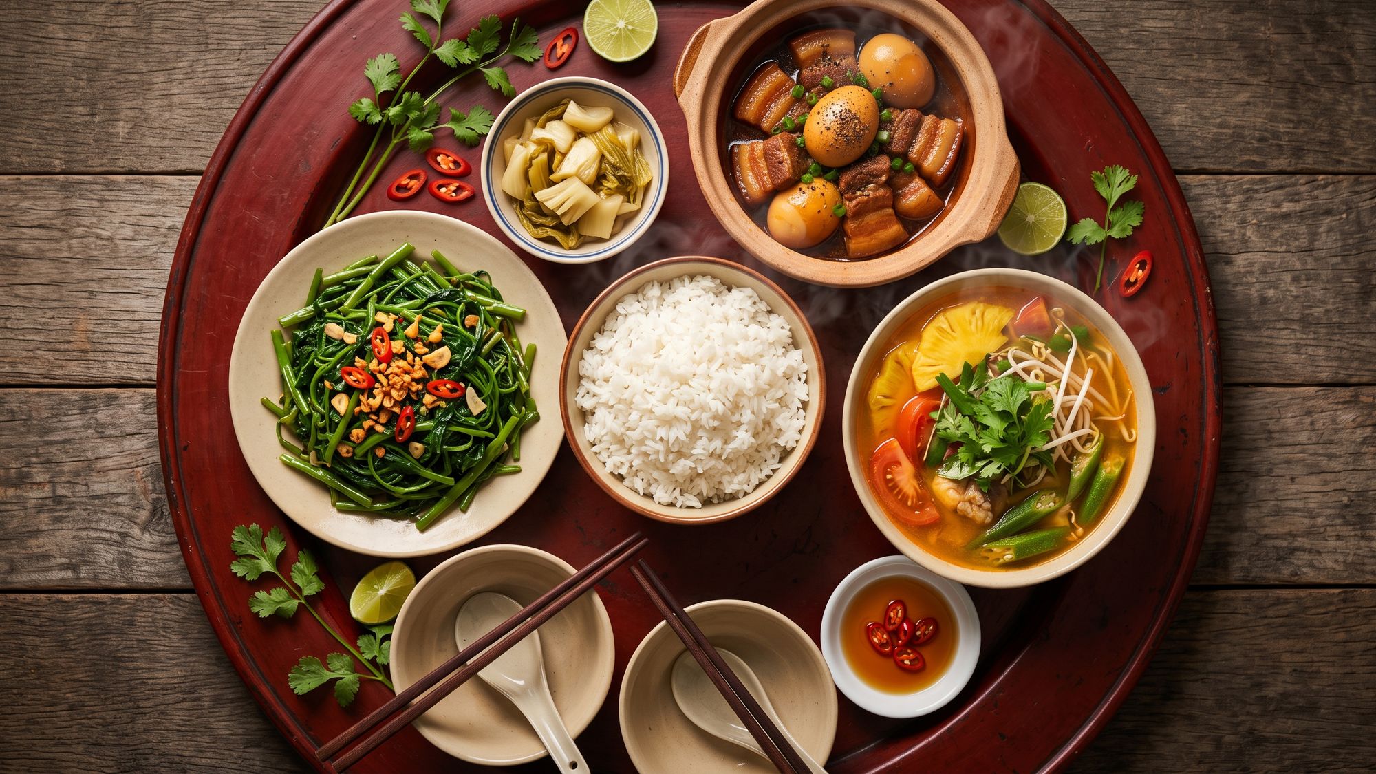 A complete mâm cơm seen from above on a round red lacquer tray: a clay pot of caramel-braised pork and eggs, a bowl of sour tamarind fish soup, a plate of garlic water spinach, pickled mustard greens, a central bowl of steamed rice, a saucer of chilli fish sauce, and empty rice bowls with chopsticks laid across them.