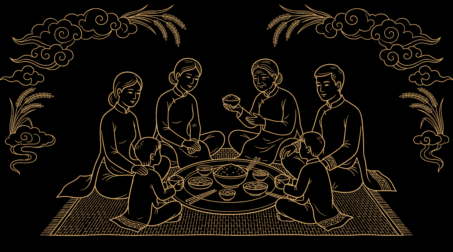 Three generations of a Vietnamese family sitting cross-legged on a woven mat around one round tray, the youngest child holding up a bowl of rice in both hands to his grandmother.
