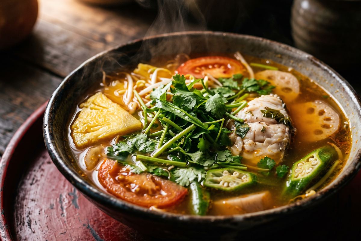 A steaming bowl of amber sour tamarind fish soup crowded with pineapple, tomato, okra, bean sprouts and a heap of fresh coriander.