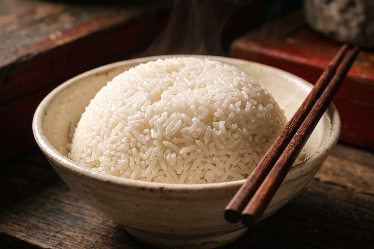 A bowl of steaming domed white jasmine rice with wooden chopsticks across the rim, lit warmly against dark wood.