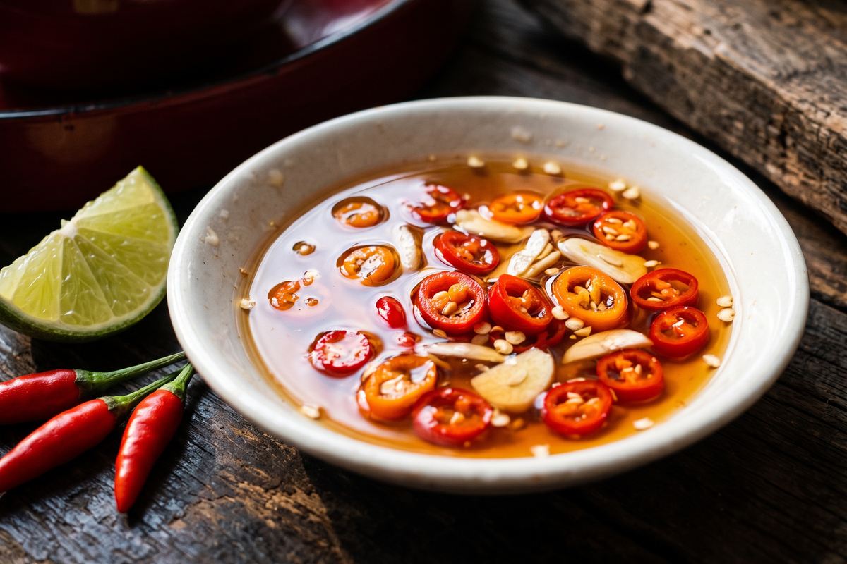 A shallow white saucer of clear amber fish sauce with bright red chilli rings and slivered garlic floating on the surface, a lime wedge alongside.