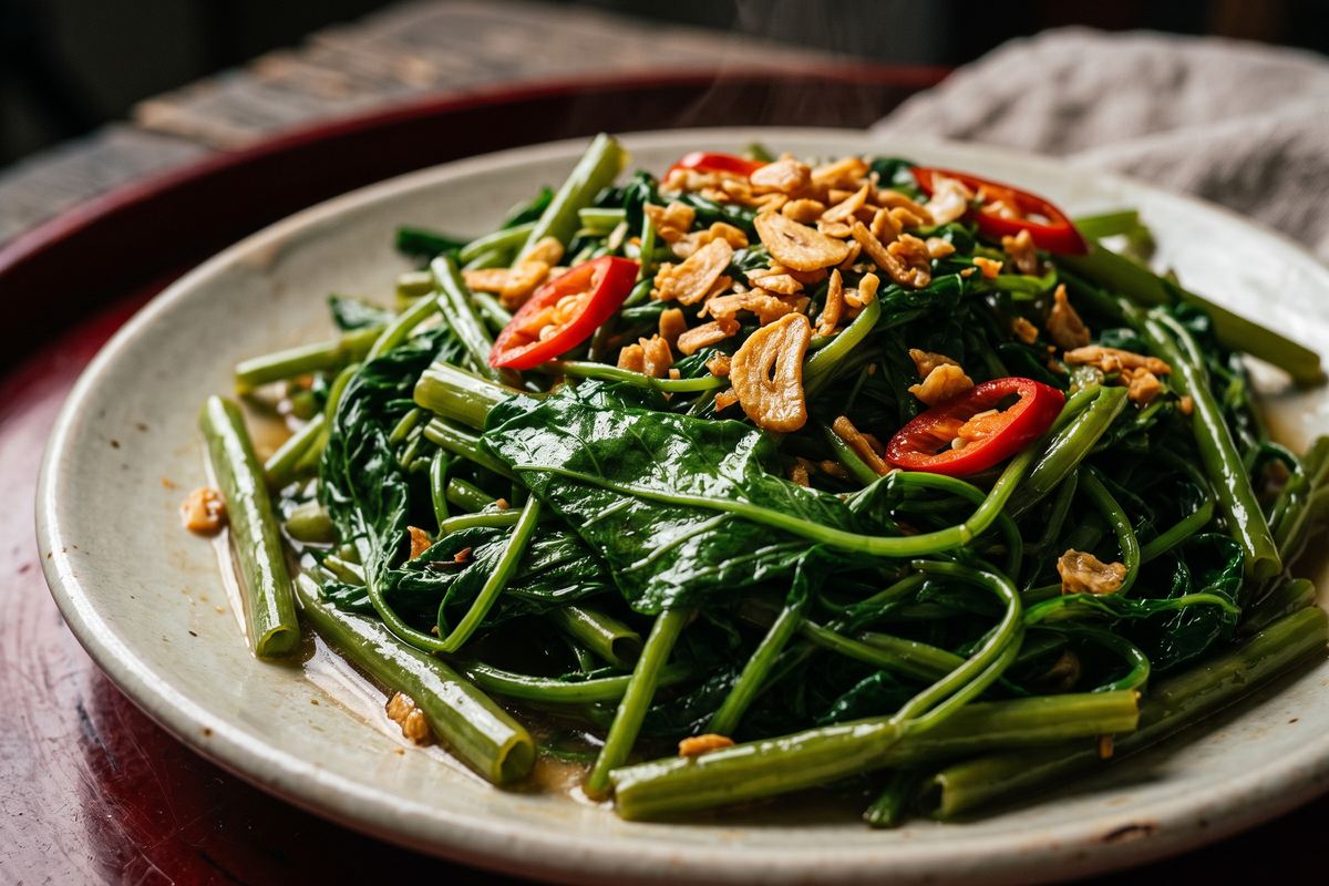 A heap of glossy dark green stir-fried water spinach on a pale plate, strewn with golden fried garlic and slices of red chilli.